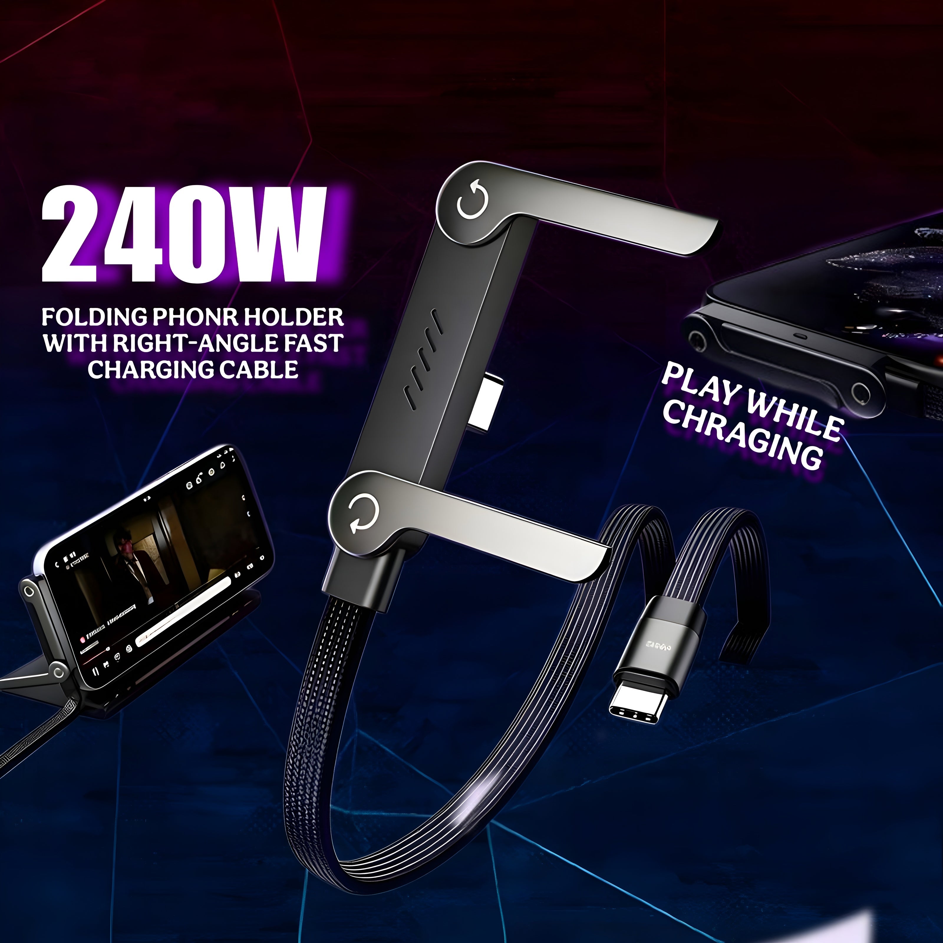 240W USB-C Fast Charger Cable with Foldable Phone Stand – Gamer Essential