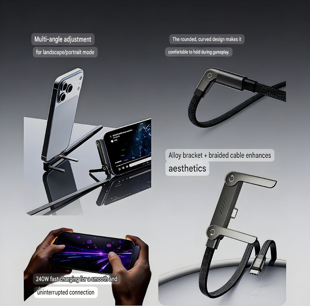 240W USB-C Fast Charger Cable with Foldable Phone Stand – Gamer Essential